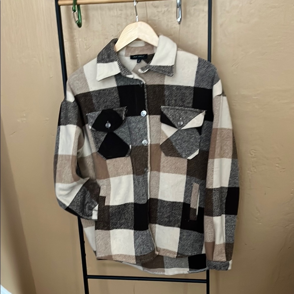 Black and Tan Lightweight Plaid Shirt Jacket